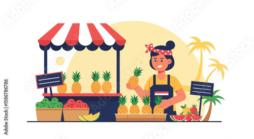 Smiling Vendor At Tropical Fruits Market Stall With Fresh Organic Products