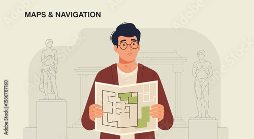 Man With Map Navigating Cultural Site Surrounded By Antique Sculptures And Monuments