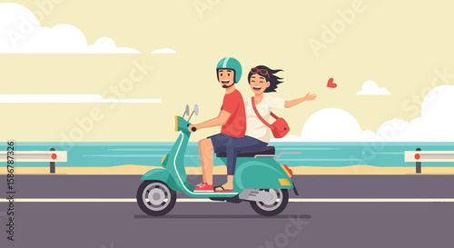 Joyful Couple Riding Scooter Near Seaside, Vector Illustration, Summer Vacation