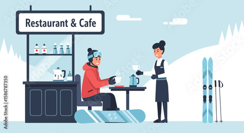 Snowy Restaurant Scene With Cafe And Skier Enjoying A Hot Drink After Skiing