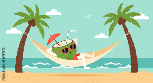 Relaxing Coconut Cartoon Character Enjoying Vacation In Hammock On Tropical Beach