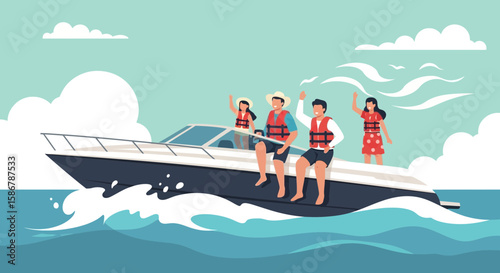 Joyful Friends Sailing On a Motorboat in the Sea During Summer Vacation