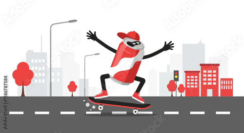 Soda Can Character Skateboarding In The City With Joyful Expression