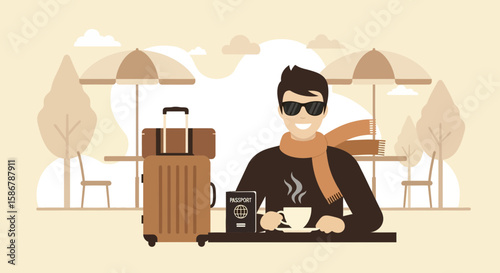 Relaxing Coffee Break For Traveler Before Flight In Airport Cafe Illustration