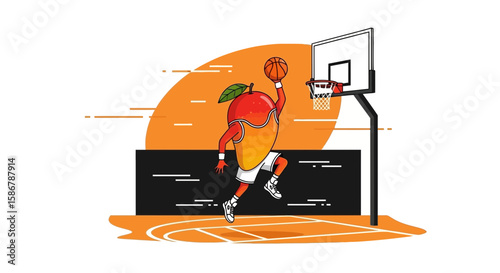 Mango Madness A Cartoon Mango Character Playing Basketball And Slam Dunking