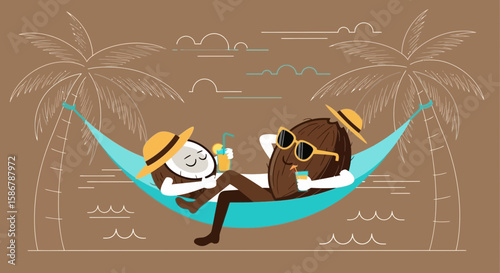 Relaxing Coconuts In A Hammock With Tropical Drinks On A Tropical Vacation