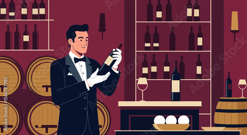 Sommelier Inspecting Fine Wine Bottle In Elegant Cellar With Barrels