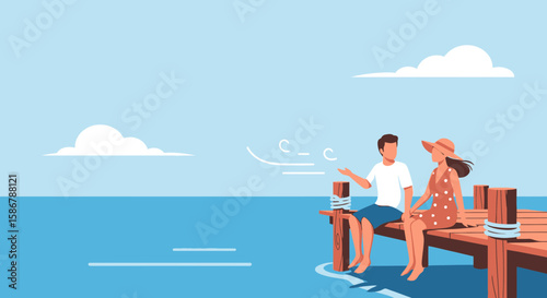 Relaxing Couple Enjoying Scenic View Sitting on Wooden Pier at Seaside