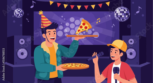 Joyful Karaoke Party With Pizza And Friends Celebrating Together At Night