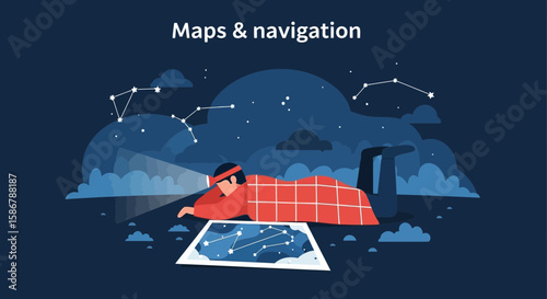 Person Looking At Star Map With Flashlight In Bed At Night Scene