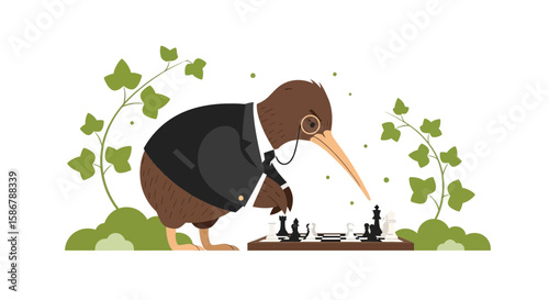 Sophisticated Kiwi Bird In A Blazer Plays Chess With Monocle Elegance