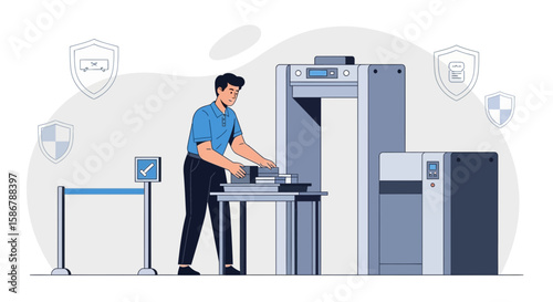Person Preparing Belongings For Airport Security Checkpoint Process Illustration