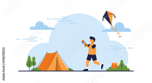 Joyful Outdoor Adventure Man Flying Kite Near Tent Vector Illustration