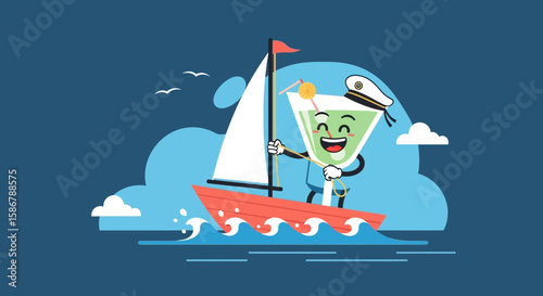 Joyful Martini Character Sailing on a Boat Vector Illustration for Summer Themes
