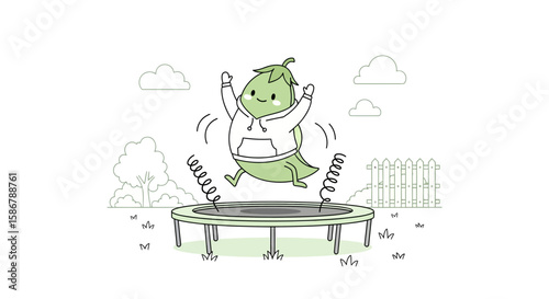 Joyful Pea In Hoodie Jumps High On Trampoline In Summer Garden Illustration