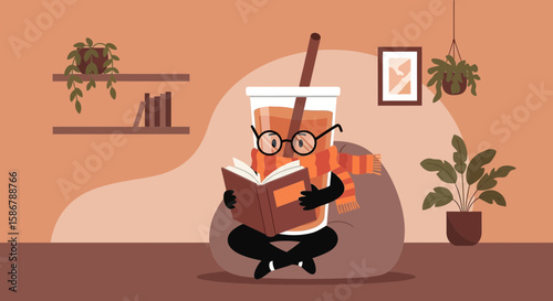 Relaxing Drink Reading Novel On Beanbag Chair At Cozy Home Illustration