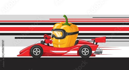 Speedy Pepper Driving A Red Racing Car Funny Vector Illustration