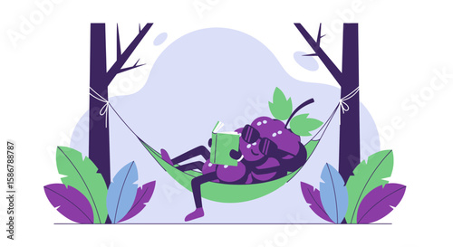 Relaxing Fruit Character Enjoying A Book In A Hammock Cartoon Illustration