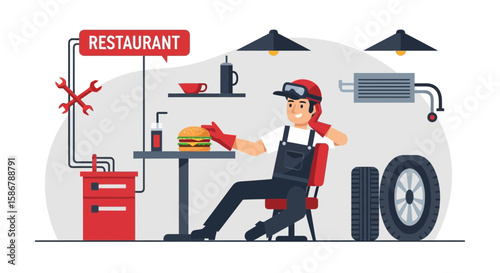 Mechanic Taking Lunch Break In An Automotive Themed Restaurant Illustration