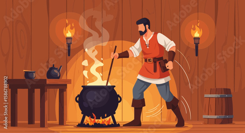 Medieval Alchemist Preparing a Potion Illustration In a Warmly Lit Wood Cabin