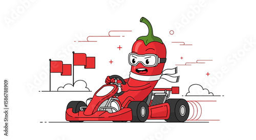 Spicy Speedster Red Chili Pepper Racing Cartoon Character In A Go Kart