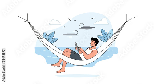 Relaxing Man In Hammock With Tablet On Tropical Summer Vacation