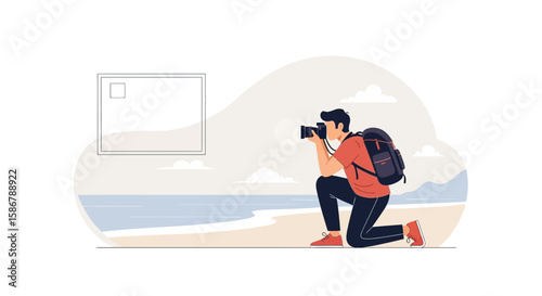 Photographer Capturing Tranquil Coastal Scenery During A Relaxing Outdoor Trip
