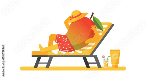 Relaxing Mango Cartoon Character Enjoying Summer on Beach Lounger