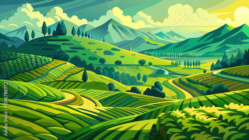Nuwara Eliya Tea Fields, Central Province, Sri Lanka – Bright green terraces twist over hills. Distant peaks rise into the mist., adding human warmth to this vector view.