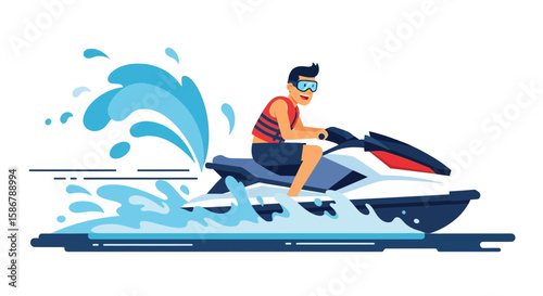Joyful Water Adventures Man Riding Jet Ski Enjoying Summer Fun Isolated