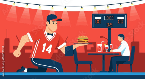 Sports Restaurant Server Delivering Meal While Game Scoreboard Shows Close Match