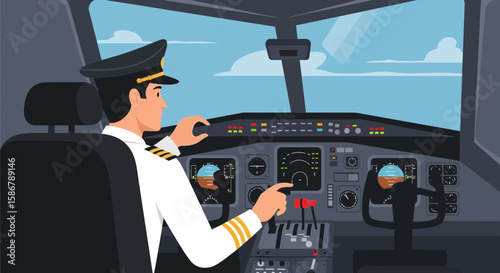 Pilot Operating The Airplane In Cockpit During Flight Conceptual Illustration