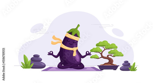 Meditating Eggplant Cartoon Character In Zen Garden Practicing Mindfulness And Yoga