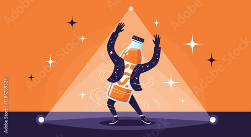 Juice Bottle Character Dancing Under Spotlights At Show With Stars