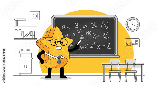 Star Teacher Character Explaining Mathematics in Classroom with Blackboard and School Supplies