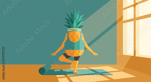 Pineapple Person Doing Yoga In Tree Pose On Mat Near Window Indoors