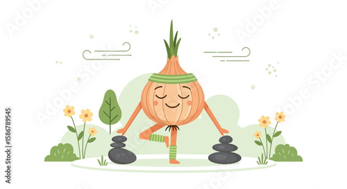 Meditating Onion In Yoga Position Holding Balance Stones Among Plants