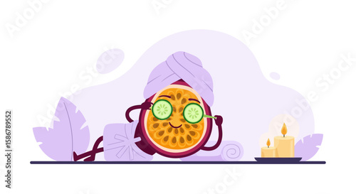 Relaxing Passion Fruit Character Enjoying a Spa Day With Cucumber Eye Mask
