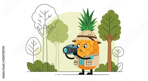 Pineapple Photographer Adventurer Capturing Nature's Essence In A Cartoon Jungle Scene