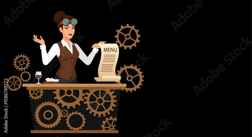 Steampunk Barmaid Presenting Menu In A Futuristic Cafe with Black Background