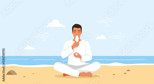 Meditative Man Practices Breathwork on Beach For Serenity and Mindfulness