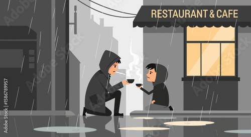 Kindness Amidst Hardship An Illustration of Compassion On Rainy City Streets