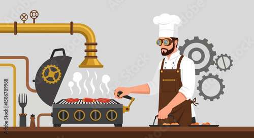 Steampunk Chef Prepares Delicious Grill Cuisine In Kitchen With Industrial Elements