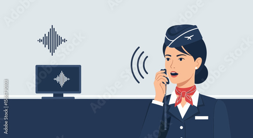 Stewardess Announces Information Using Intercom And Technology On The Plane