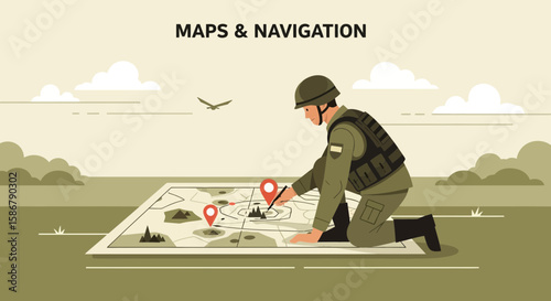 Strategic Military Navigation Planning With Map And Soldier On Expedition Field