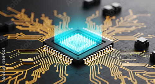 Glowing computer processor chip on a circuit board, symbolizing artificial intelligence and digital technology.