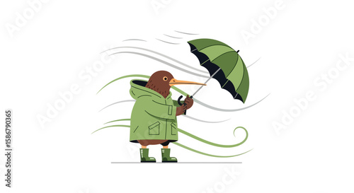 Kiwi Bird Protected By Umbrella In Stormy Weather Illustration