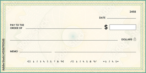 Blank bank check, checkbook cheque template or money payment paper voucher, vector mockup. Business or personal account cash pay cheque certificate or paycheck coupon from checkbook