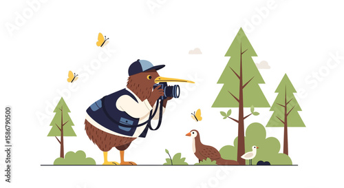 Kiwi Bird Taking Photographs Wildlife Exploring Nature Outdoors Illustration