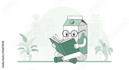 Milk Carton Character Reading Book In Library Cartoon Educational Illustration